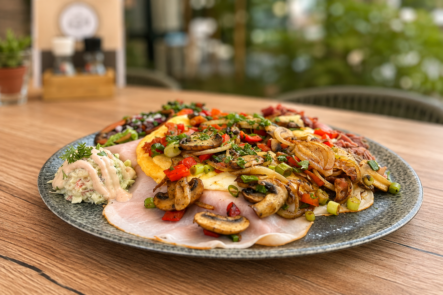 Uitsmijter met ei, ham, champignons en groenten op een donker bord