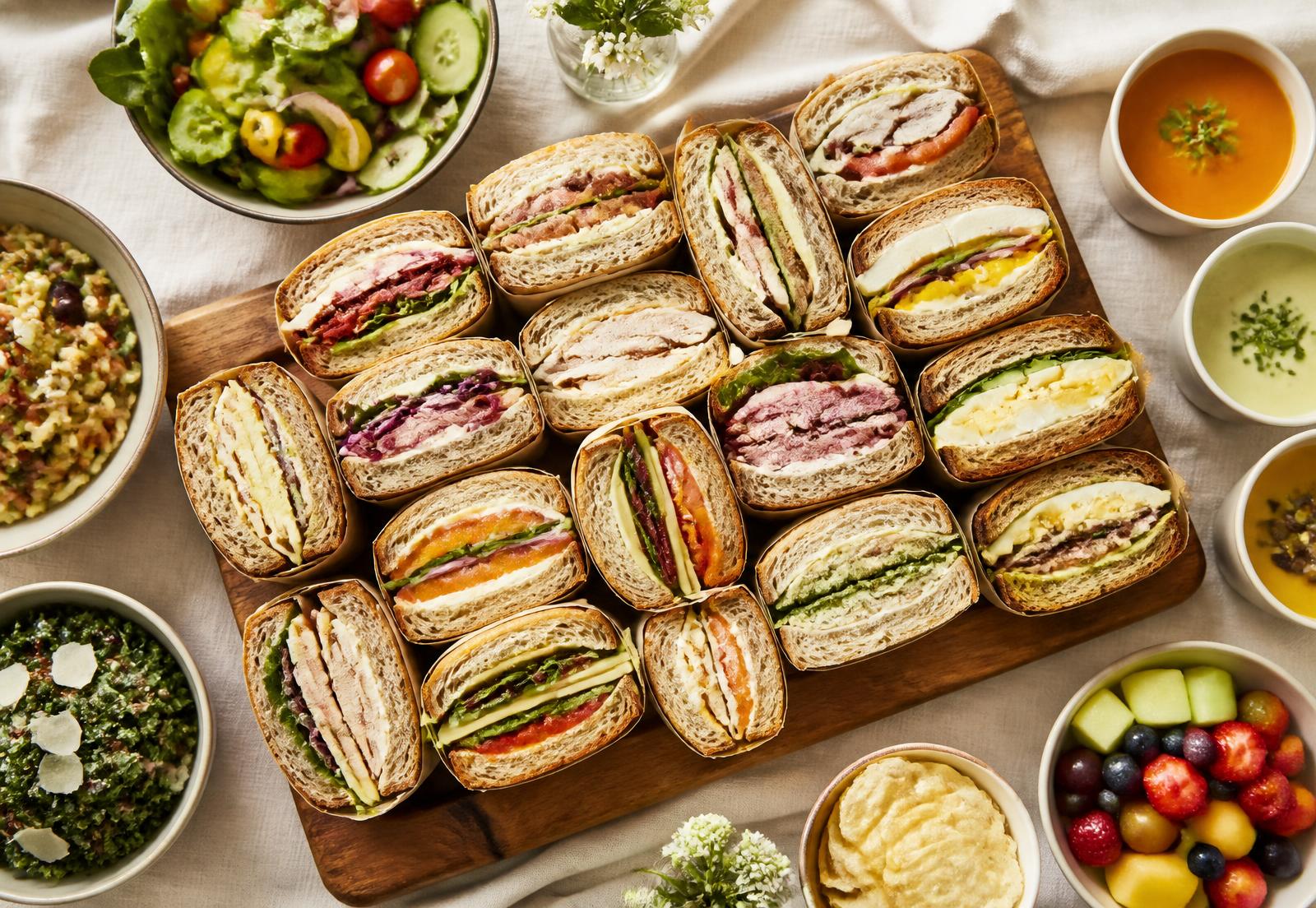 Cateringschaal met luxe belegde broodjes en salades